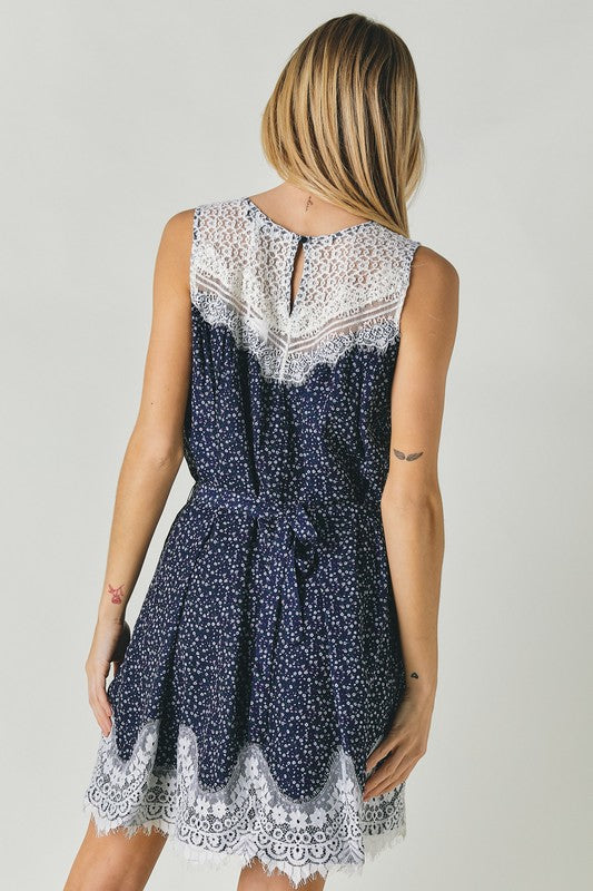 Printed Sleeveless Lace Trim Mini Dress - The Beaucoup Home