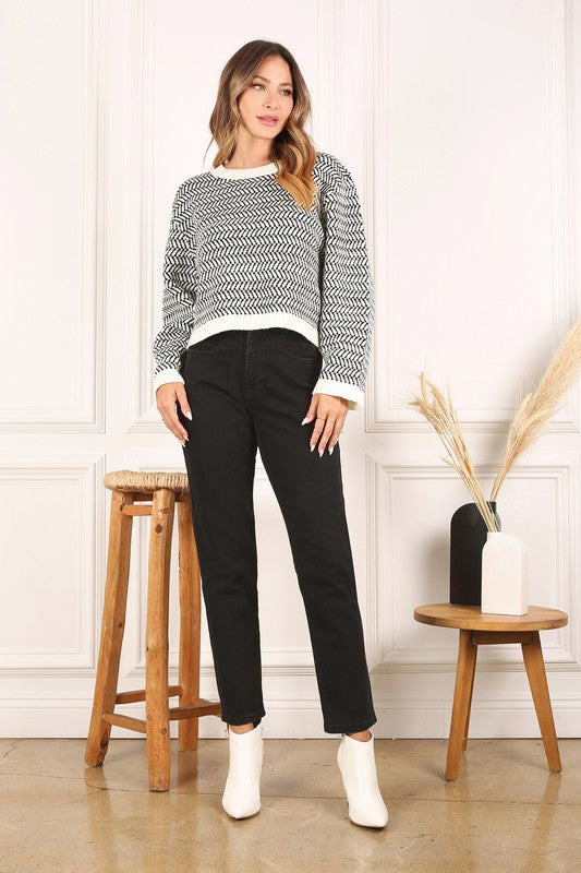 Herringbone Pattern Crew Neck Sweater - The Beaucoup Home