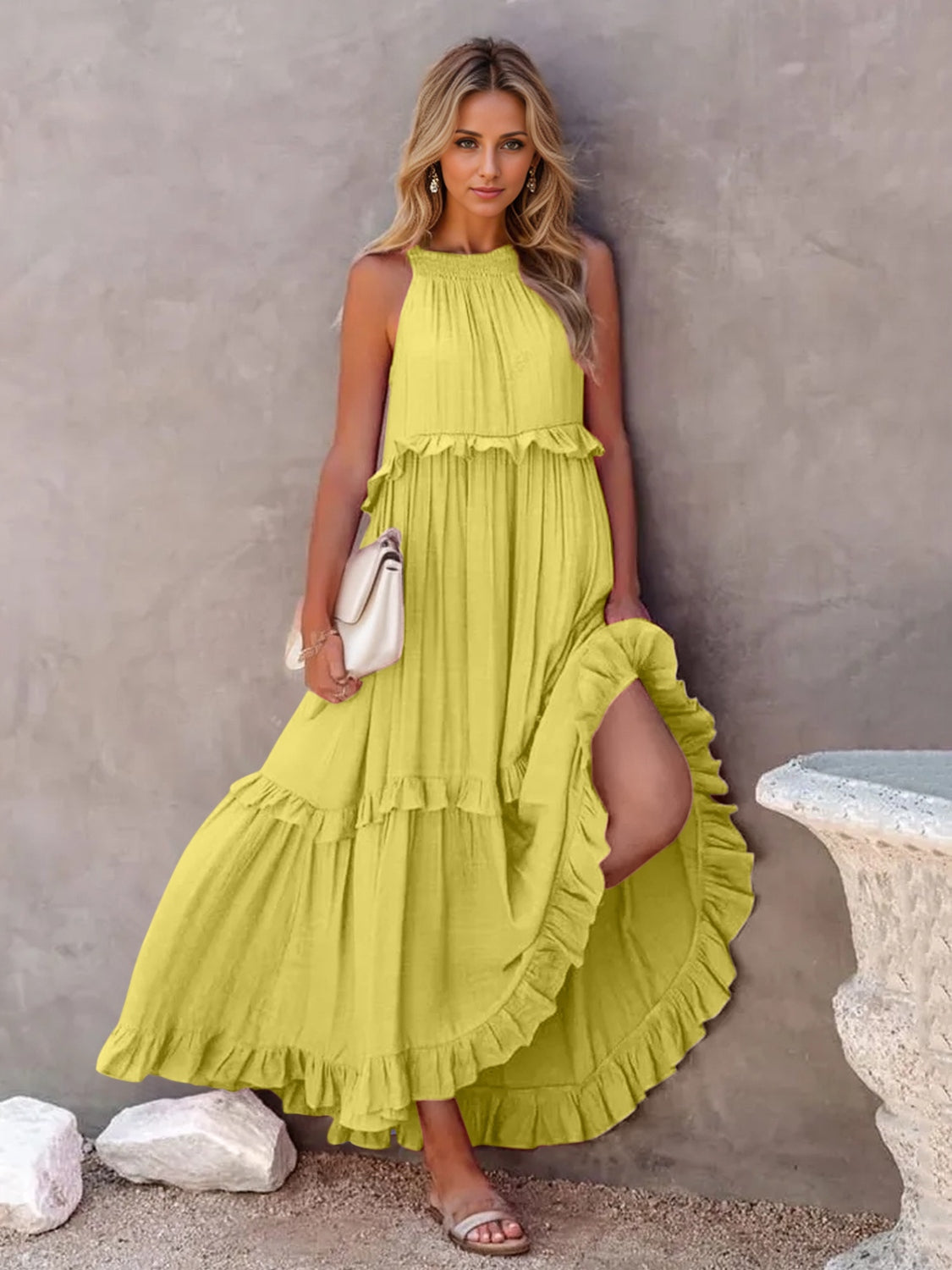 Ruffled Sleeveless Tiered Maxi Dress with Pockets - The Beaucoup Home