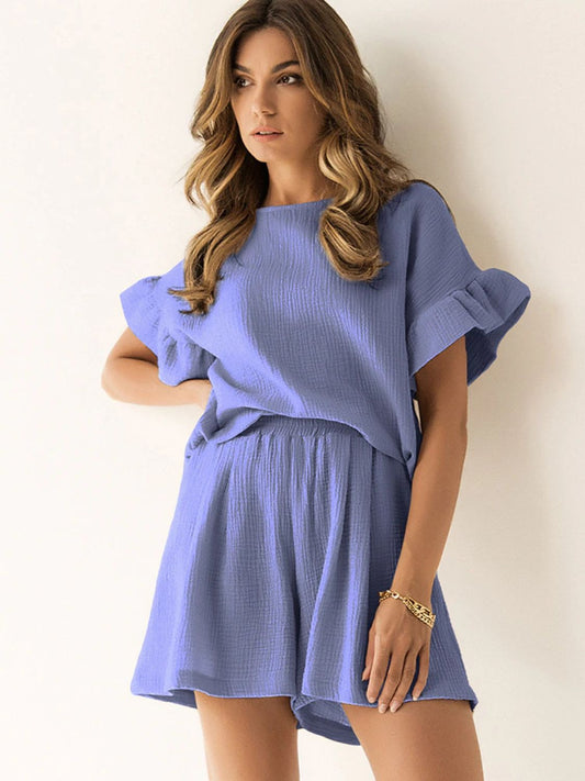 Ruffled Round Neck Top and Shorts Set - The Beaucoup Home