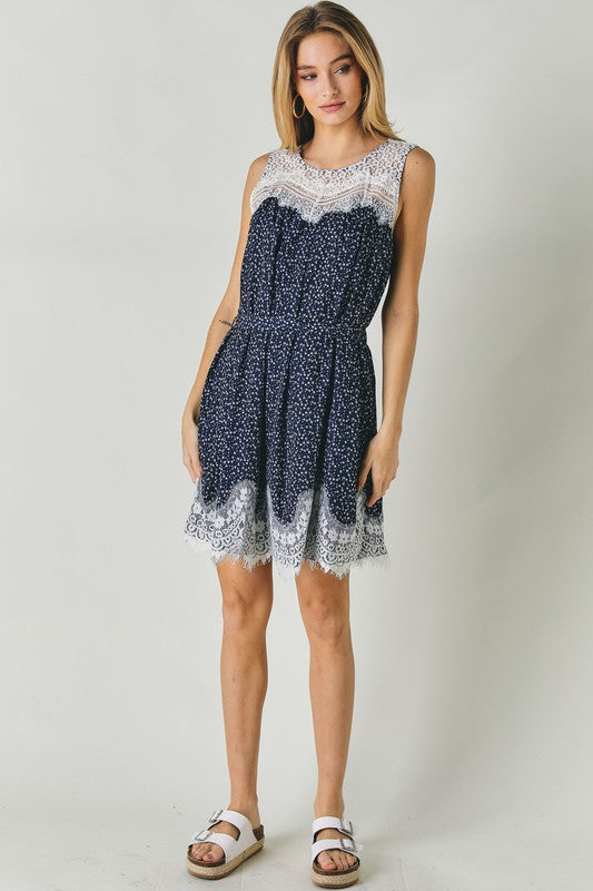 Printed Sleeveless Lace Trim Mini Dress - The Beaucoup Home