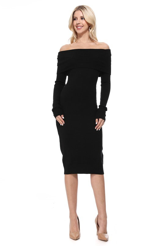 Off Shoulder Long Sleeve Slim Fit Midi Knit Dress - The Beaucoup Home