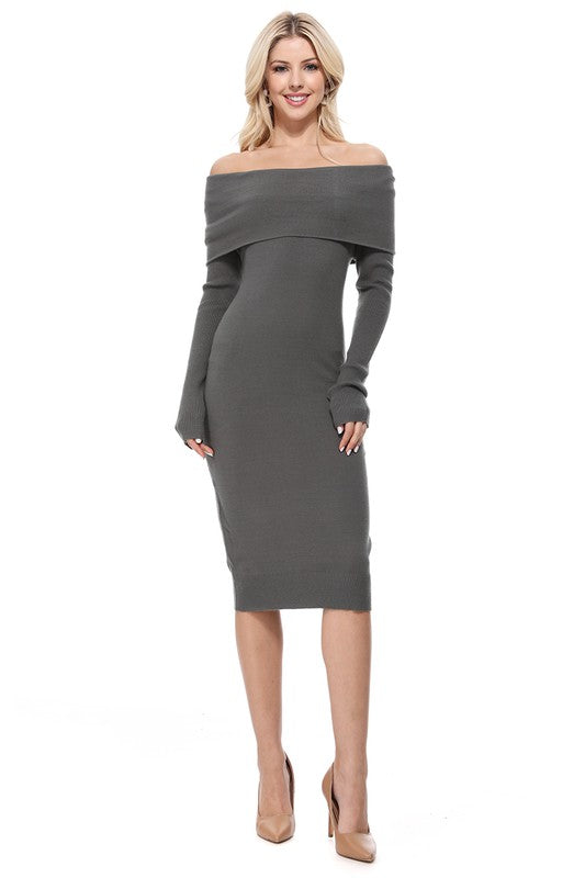 Off Shoulder Long Sleeve Slim Fit Midi Knit Dress - The Beaucoup Home