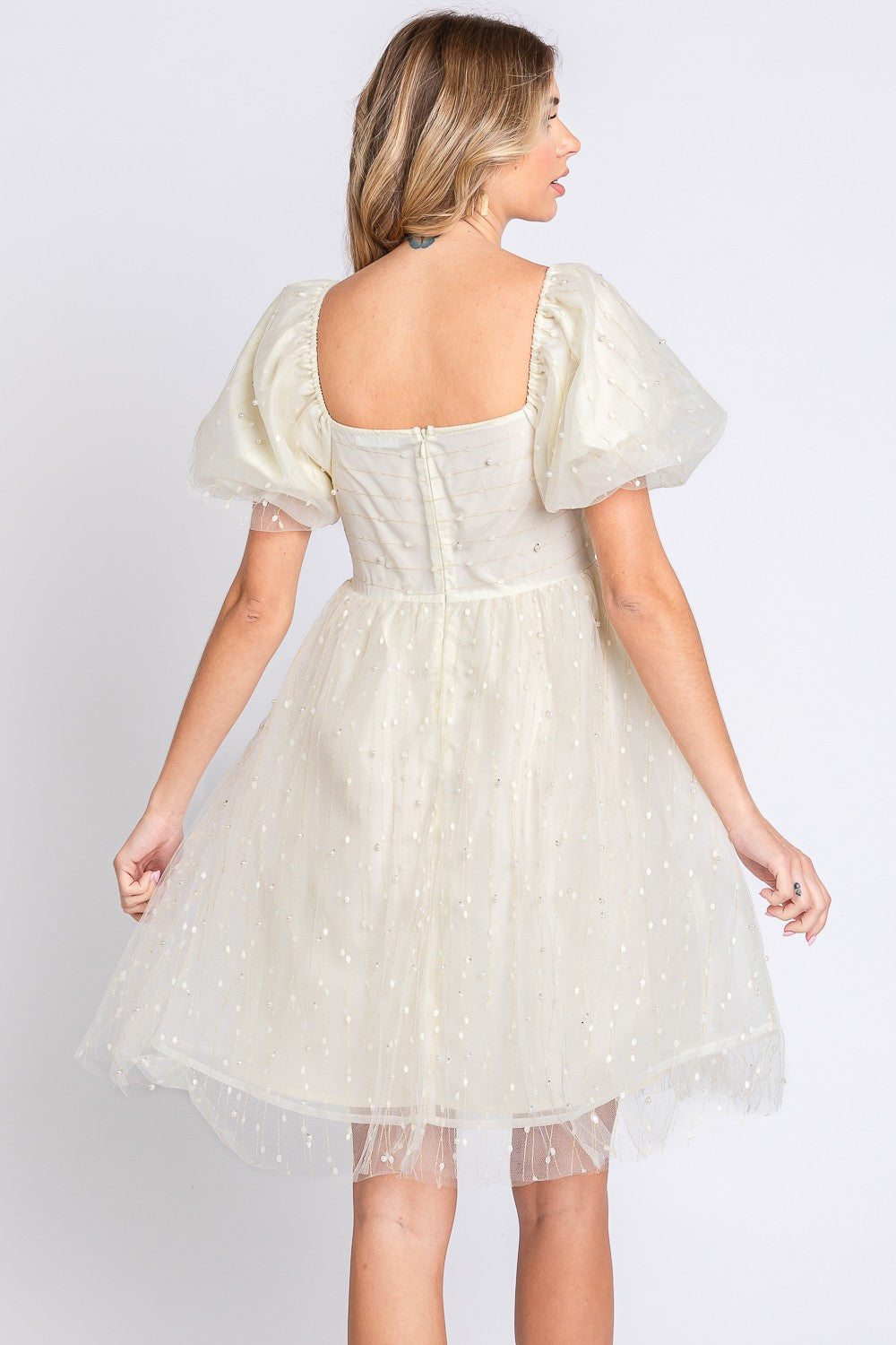 GeeGee Pearl Mesh Puff Sleeve Babydoll Dress - The Beaucoup Home