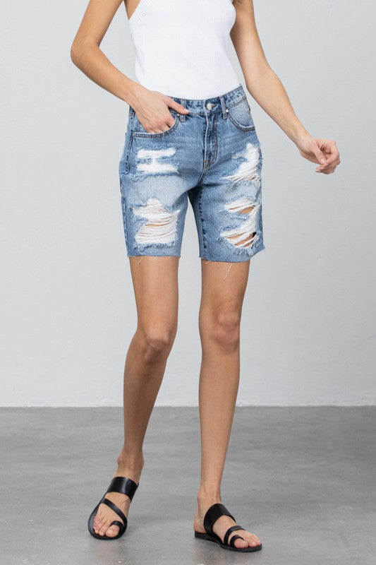 Ripped Raw Hem Bermuda Denim Shorts - The Beaucoup Home