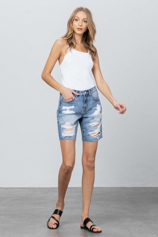 Ripped Raw Hem Bermuda Denim Shorts - The Beaucoup Home