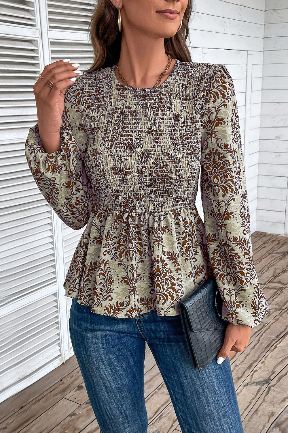 Smocked Printed Balloon Sleeve Blouse - The Beaucoup Home