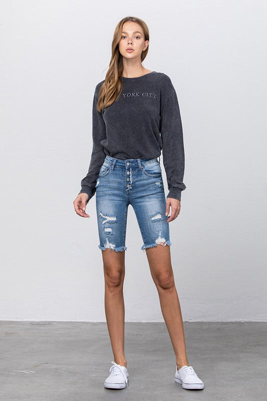 Frayed Raw Hem Ripped Bermuda Shorts - The Beaucoup Home