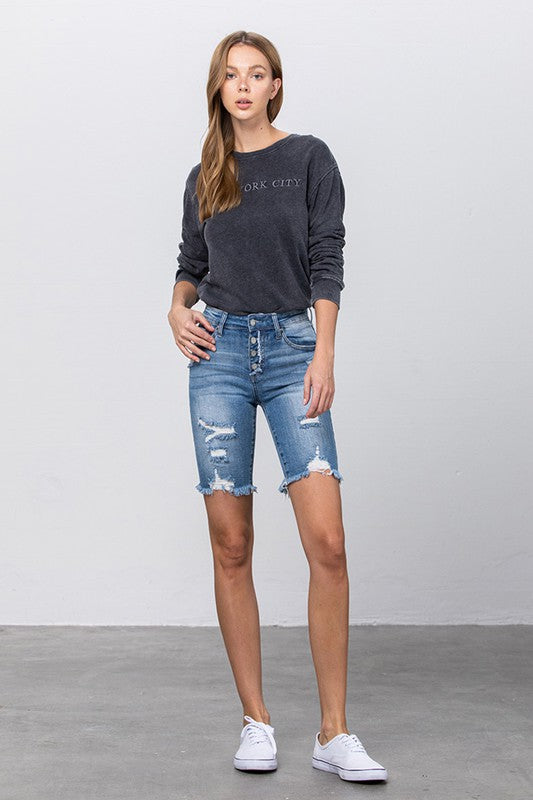 Frayed Raw Hem Ripped Bermuda Shorts - The Beaucoup Home