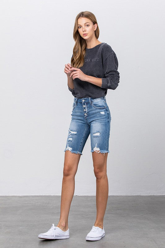 Frayed Raw Hem Ripped Bermuda Shorts - The Beaucoup Home