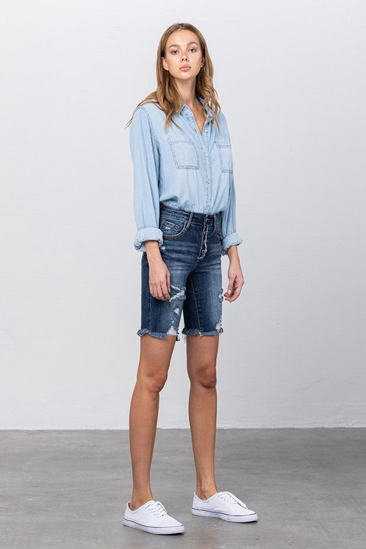 Frayed Raw Hem Ripped Bermuda Shorts - The Beaucoup Home