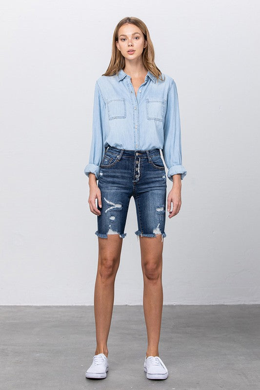 Frayed Raw Hem Ripped Bermuda Shorts - The Beaucoup Home