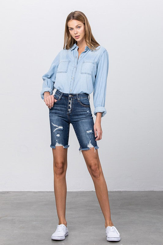 Frayed Raw Hem Ripped Bermuda Shorts - The Beaucoup Home