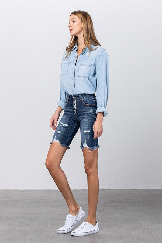 Frayed Raw Hem Ripped Bermuda Shorts - The Beaucoup Home