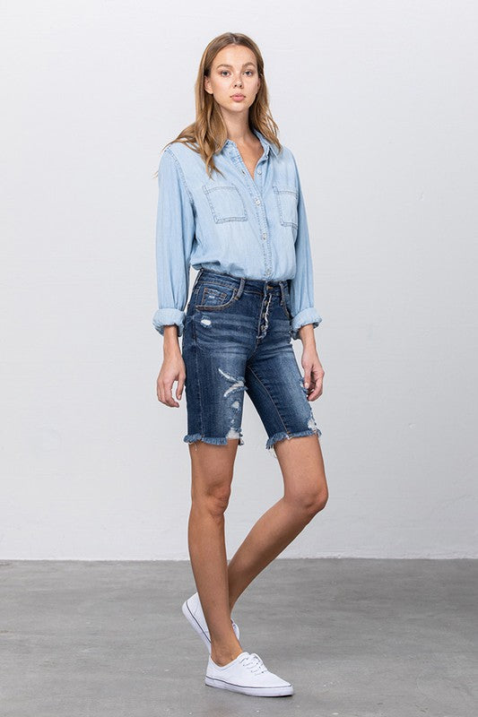 Frayed Raw Hem Ripped Bermuda Shorts - The Beaucoup Home