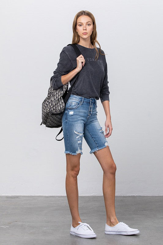 Frayed Raw Hem Ripped Bermuda Shorts - The Beaucoup Home