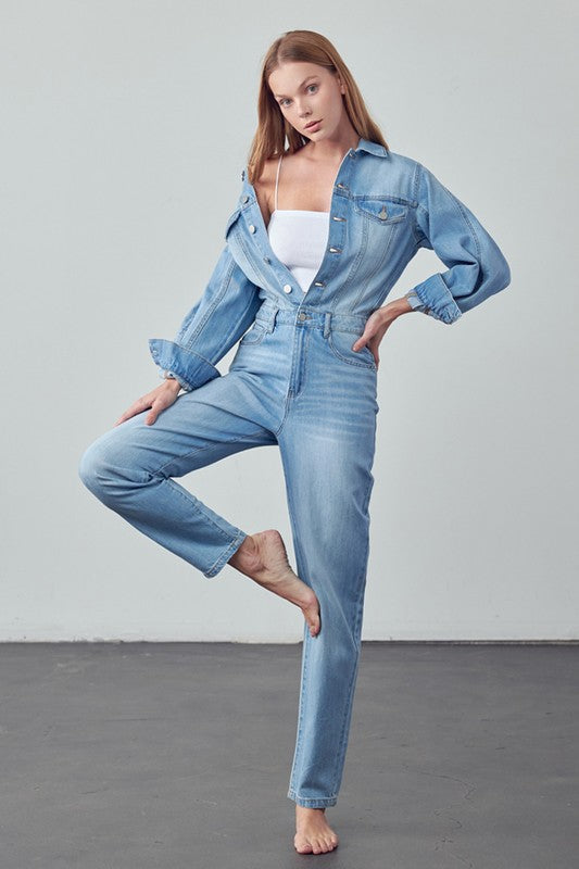 High Waist Flap Pocket Half Button Denim Jumpsuit - The Beaucoup Home