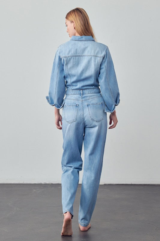 High Waist Flap Pocket Half Button Denim Jumpsuit - The Beaucoup Home