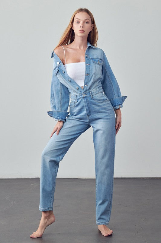 High Waist Flap Pocket Half Button Denim Jumpsuit - The Beaucoup Home