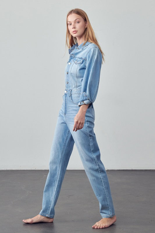 High Waist Flap Pocket Half Button Denim Jumpsuit - The Beaucoup Home