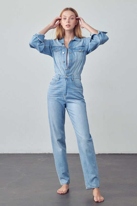 High Waist Flap Pocket Half Button Denim Jumpsuit - The Beaucoup Home