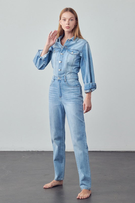 High Waist Flap Pocket Half Button Denim Jumpsuit - The Beaucoup Home