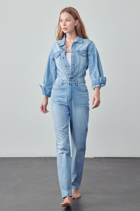 High Waist Flap Pocket Half Button Denim Jumpsuit - The Beaucoup Home