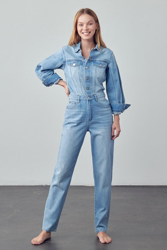 High Waist Flap Pocket Half Button Denim Jumpsuit - The Beaucoup Home