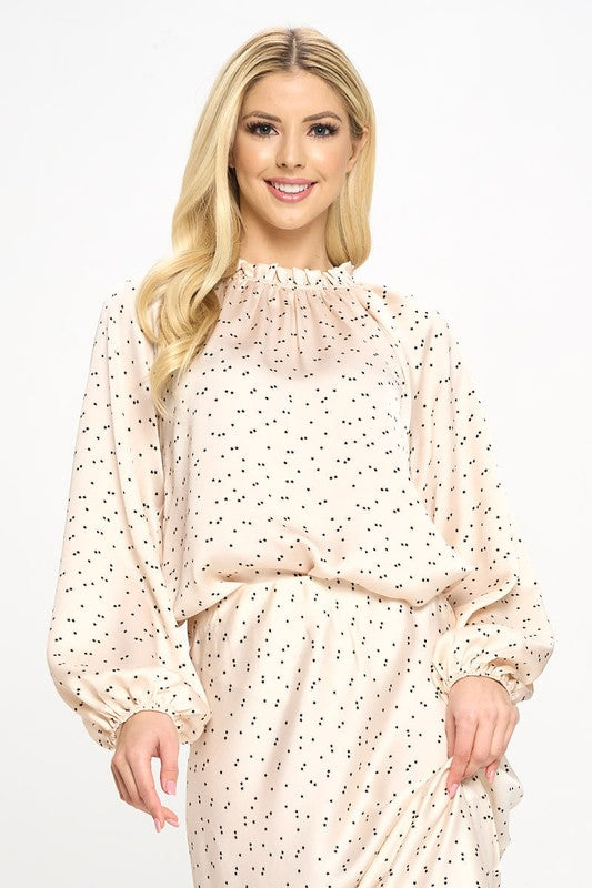 Star Print Satin Ruffle Mock Neck Top - The Beaucoup Home