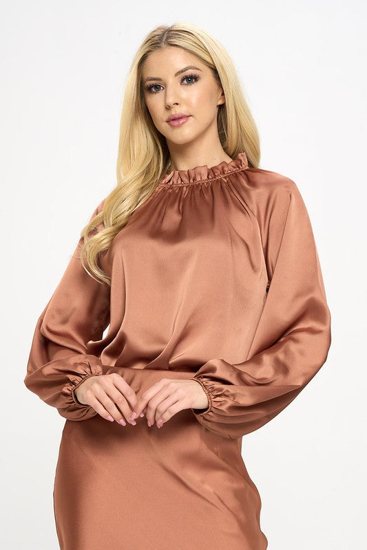 Solid Satin Ruffle Mock Neck Top - The Beaucoup Home