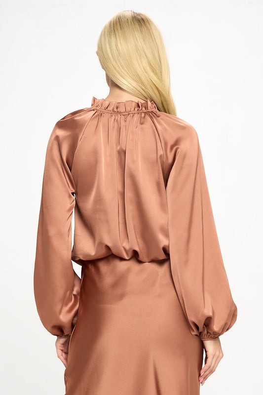 Solid Satin Ruffle Mock Neck Top - The Beaucoup Home