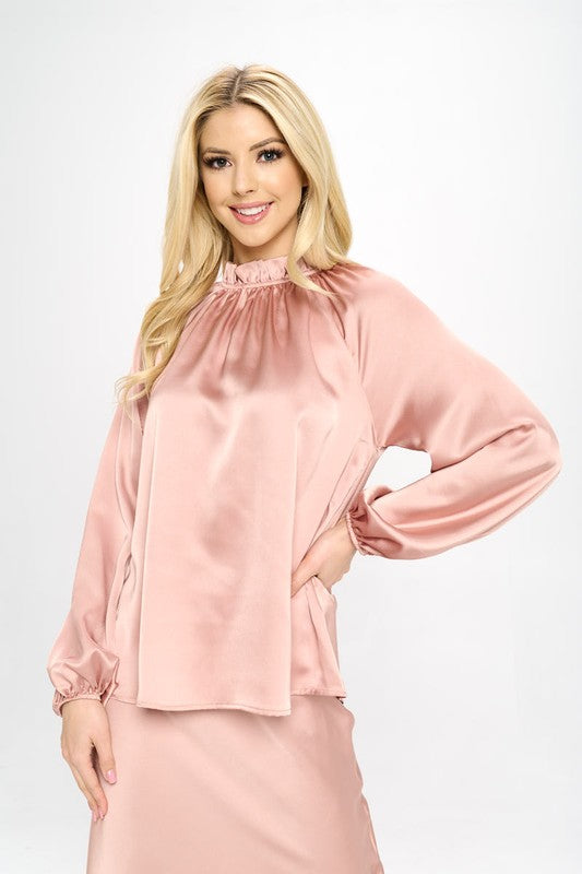 Solid Satin Ruffle Mock Neck Top - The Beaucoup Home