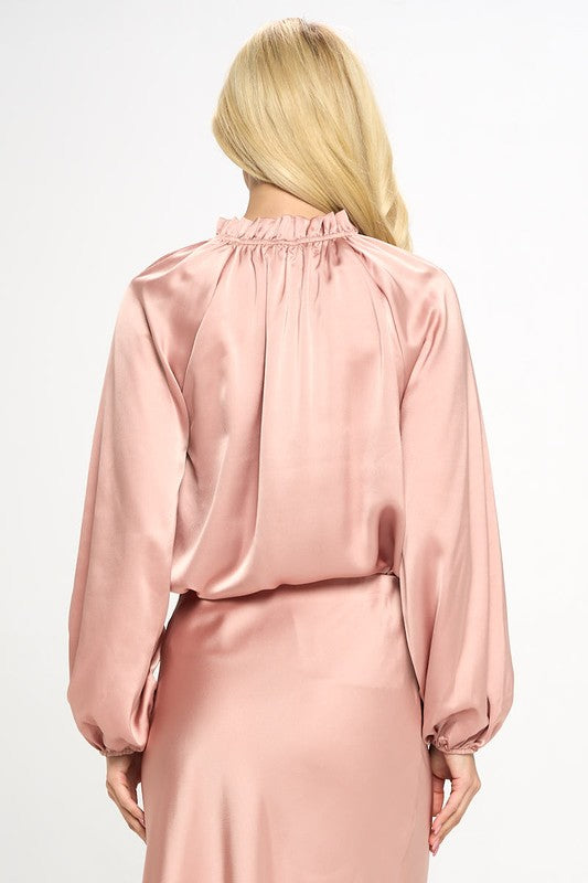 Solid Satin Ruffle Mock Neck Top - The Beaucoup Home