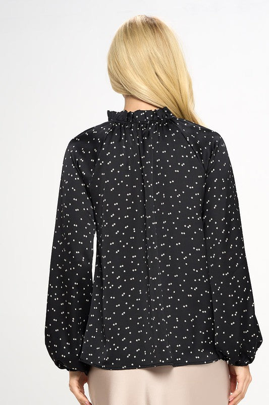 Star Print Satin Ruffle Mock Neck Top - The Beaucoup Home