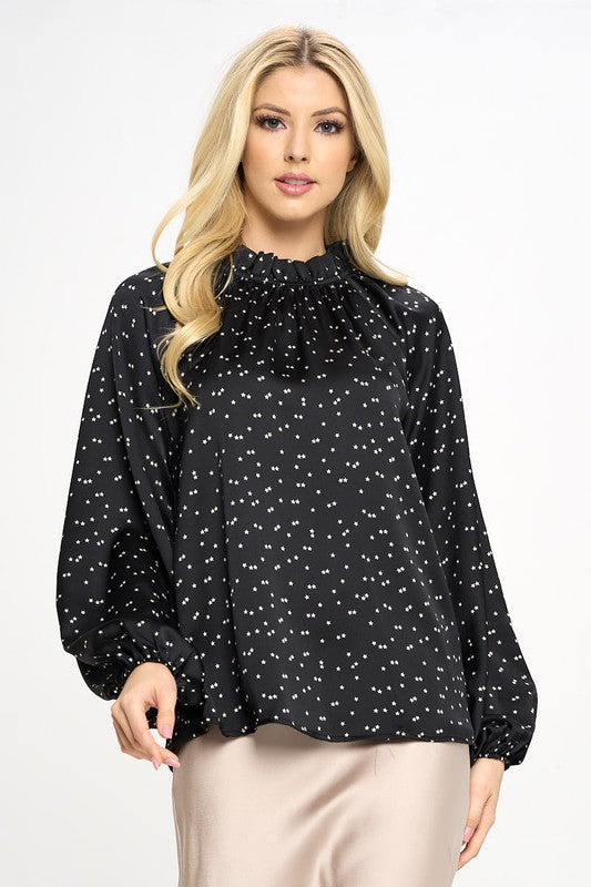 Star Print Satin Ruffle Mock Neck Top - The Beaucoup Home