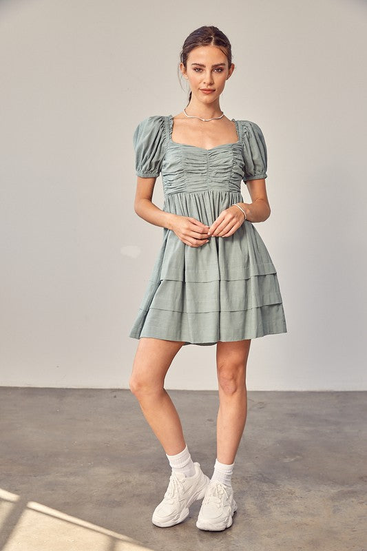 Front Ruched Detail Puff Sleeve Dress - The Beaucoup Home