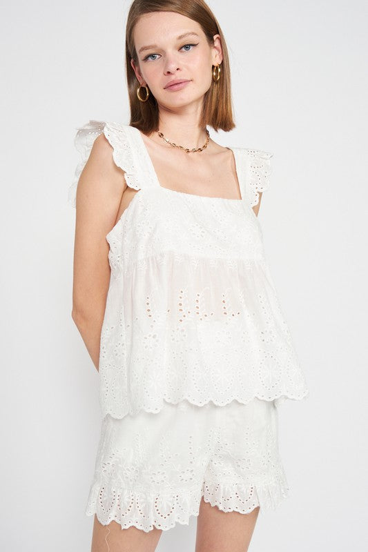 Ruffle Sleeve Hem Eyelet Top - The Beaucoup Home