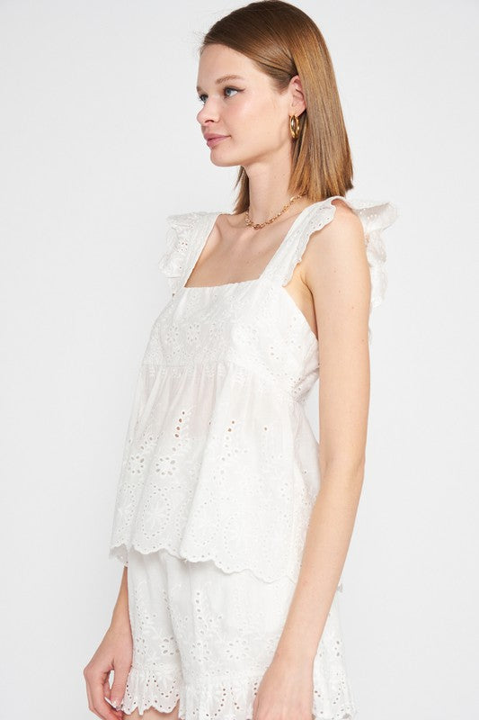 Ruffle Sleeve Hem Eyelet Top - The Beaucoup Home