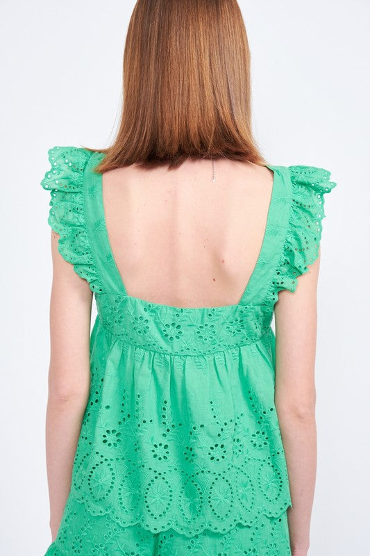 Ruffle Sleeve Hem Eyelet Top - The Beaucoup Home