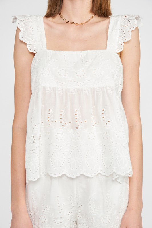 Ruffle Sleeve Hem Eyelet Top - The Beaucoup Home