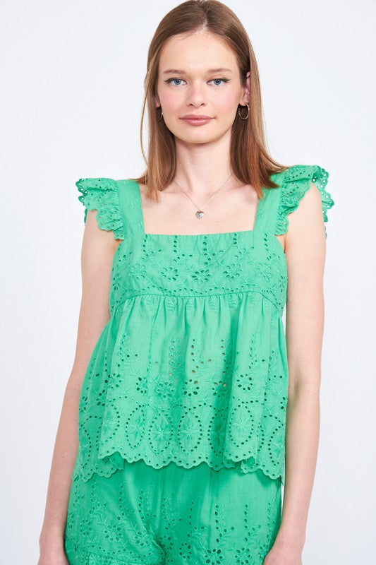 Ruffle Sleeve Hem Eyelet Top - The Beaucoup Home