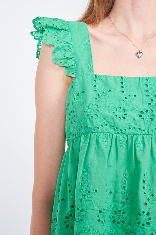 Ruffle Sleeve Hem Eyelet Top - The Beaucoup Home