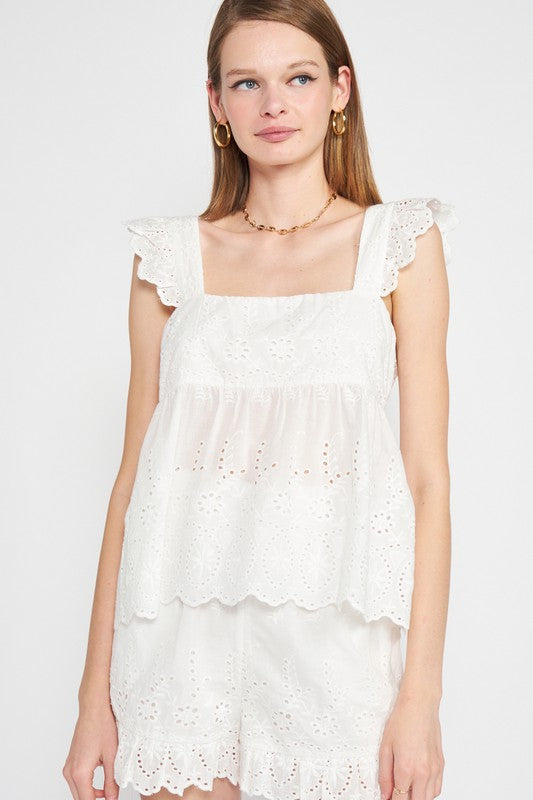 Ruffle Sleeve Hem Eyelet Top - The Beaucoup Home