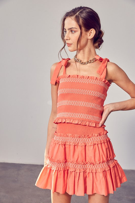 Coral Smocked Bow Strap Top - The Beaucoup Home