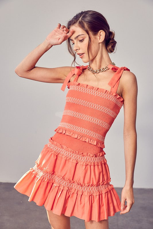 Coral Smocked Bow Strap Top - The Beaucoup Home