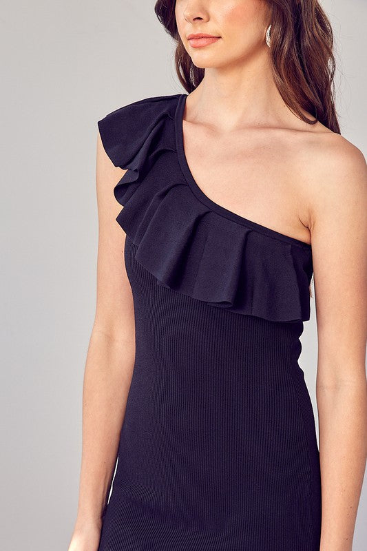 One Shoulder Ruffle Knit Dress - The Beaucoup Home