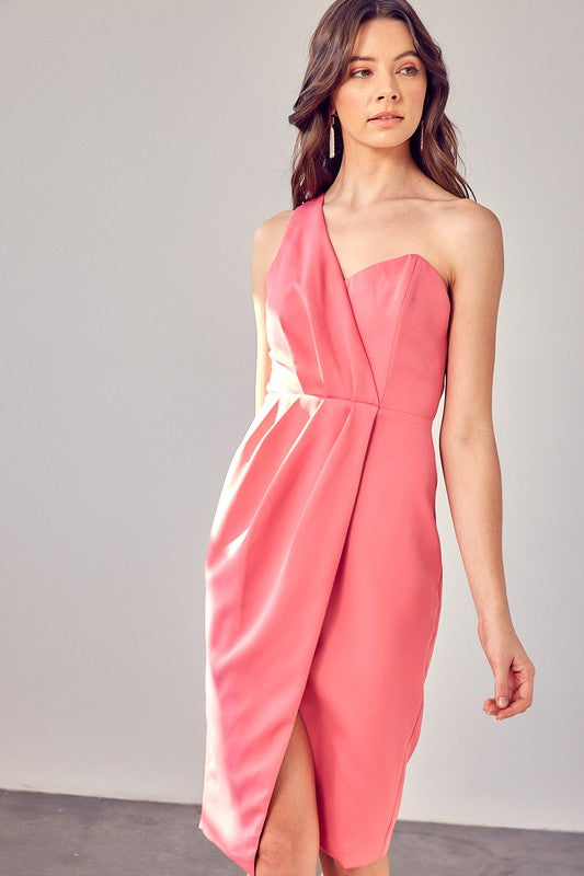 One Shoulder Overlap Pink Dress - The Beaucoup Home