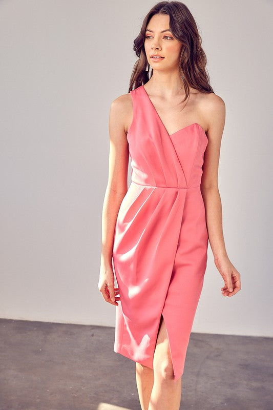 One Shoulder Overlap Pink Dress - The Beaucoup Home