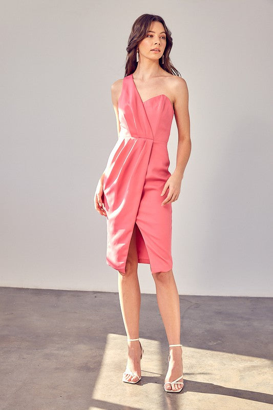 One Shoulder Overlap Pink Dress - The Beaucoup Home