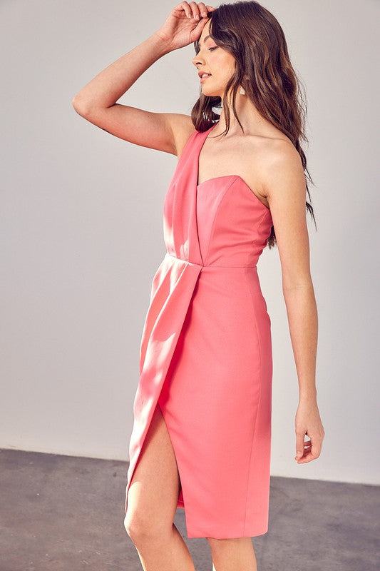 One Shoulder Overlap Pink Dress - The Beaucoup Home